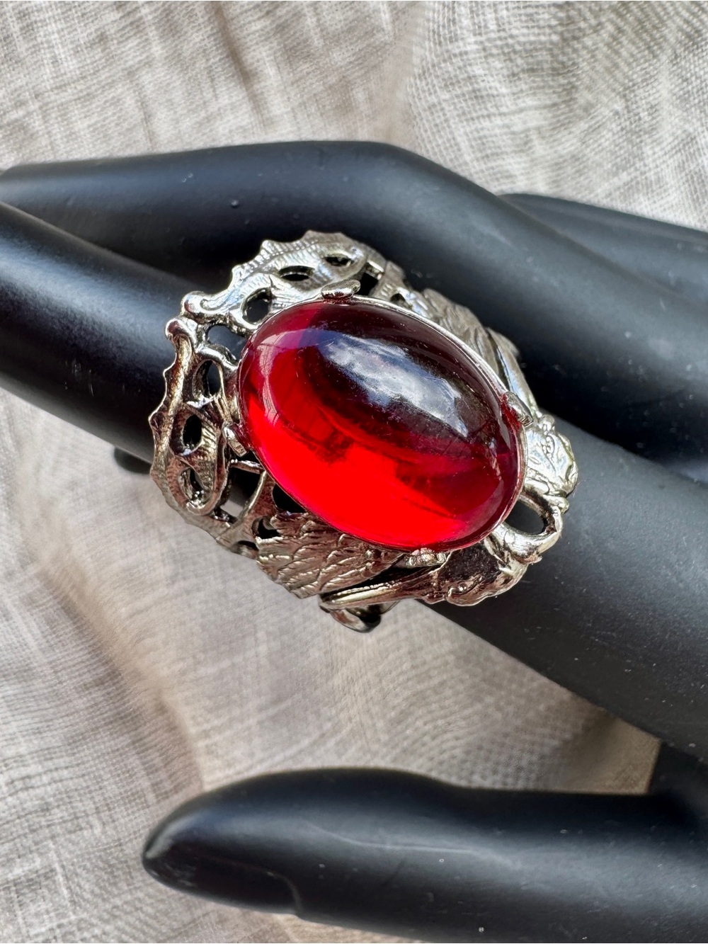 Vintage Silver Tone Filigree and Red Cabochon Statement Ring